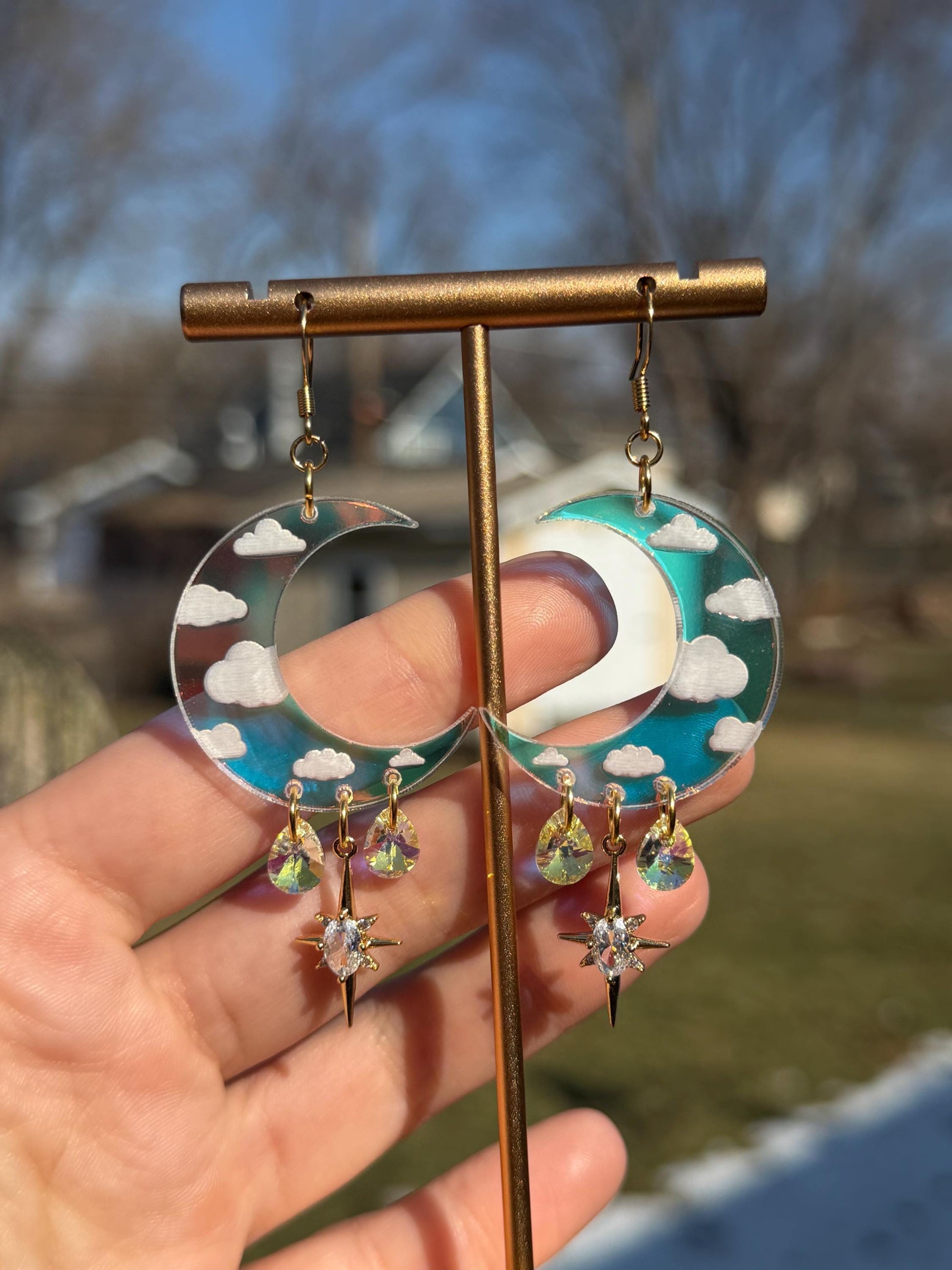 Cloudy Iridescent Celestial Gemstone Dangly Moon Acrylic Earrings