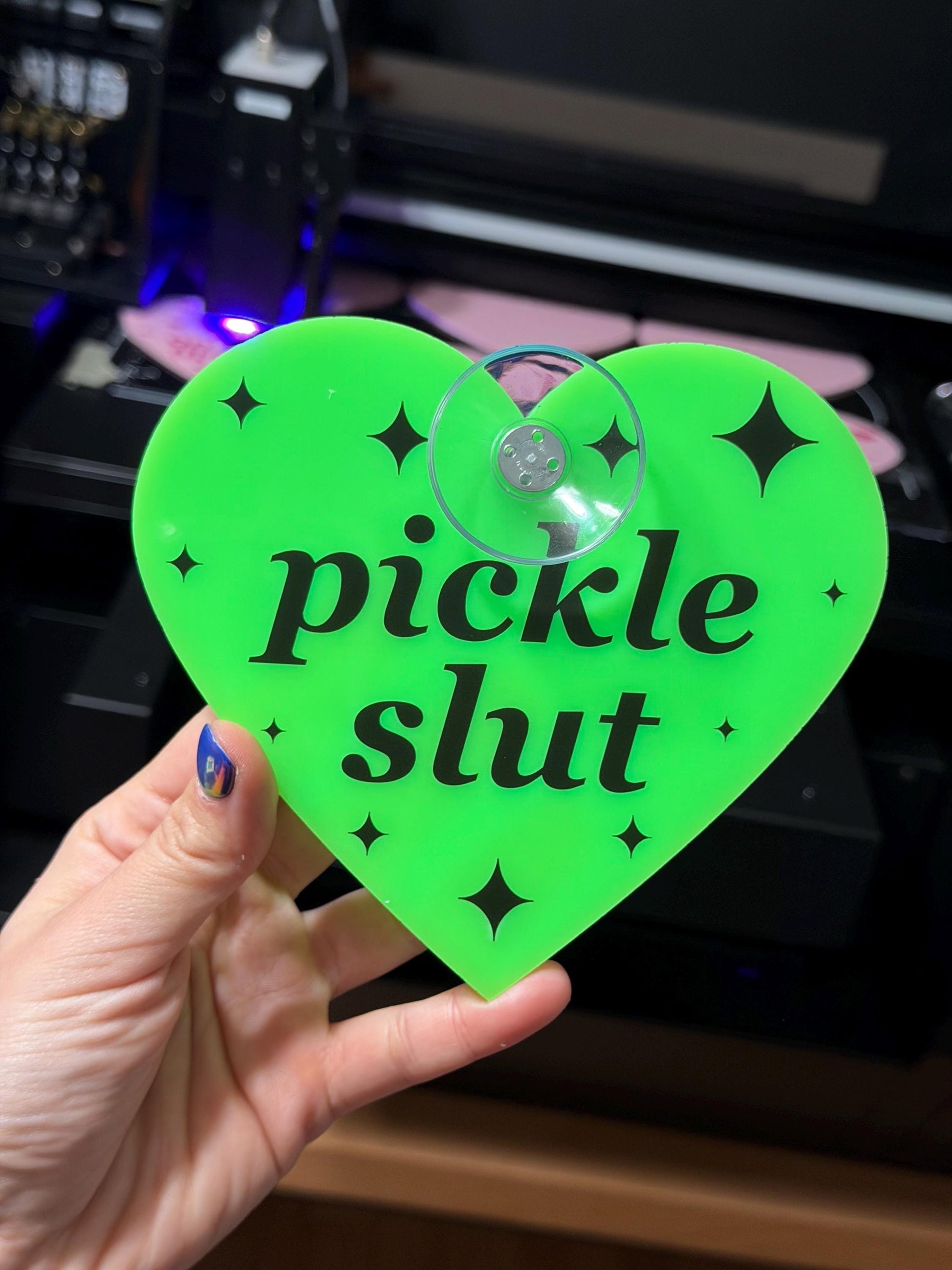 Neon Green Acrylic Car Sign: Pickle Slut – Heart Shape