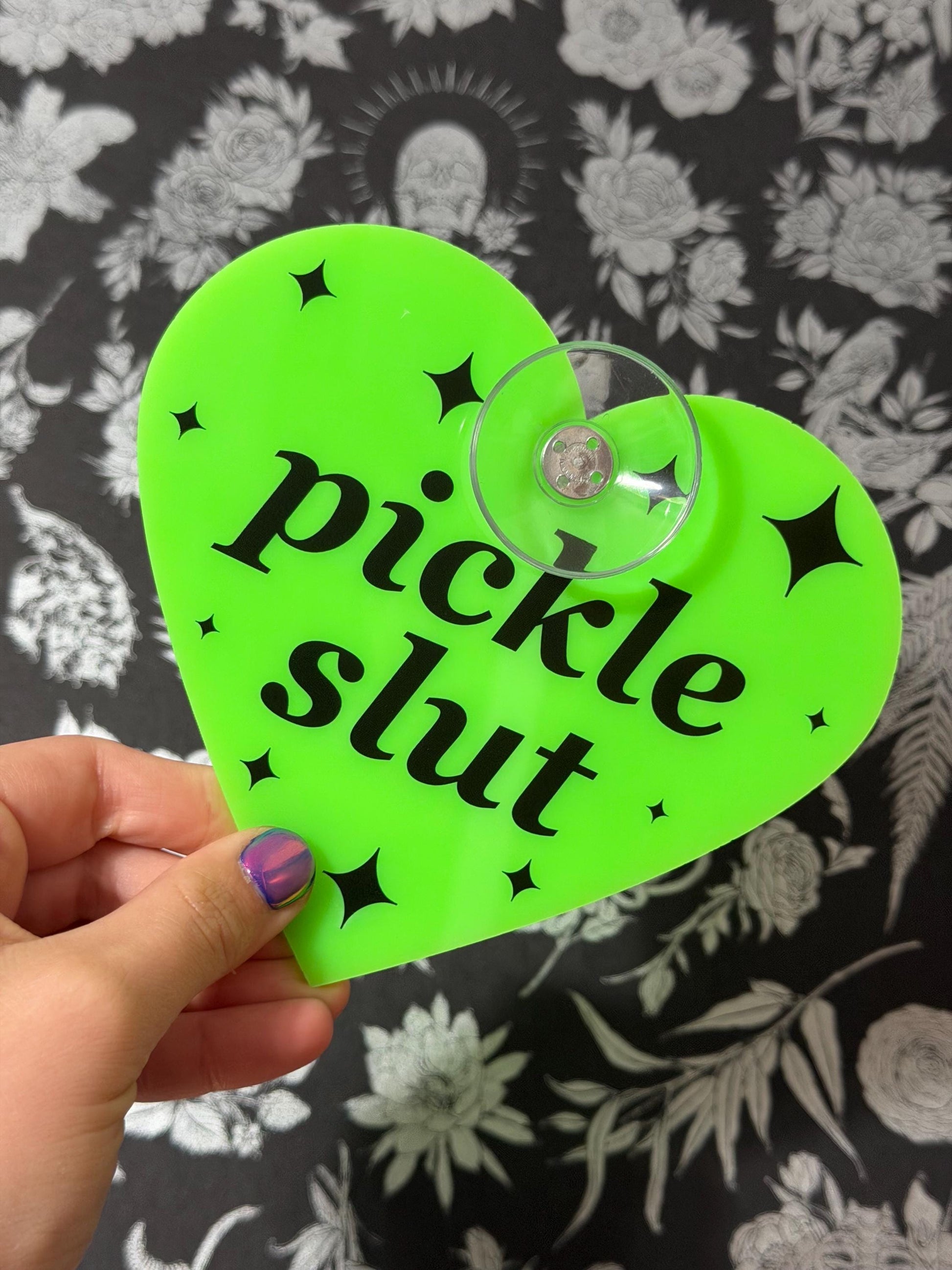 Neon Green Acrylic Car Sign: Pickle Slut – Heart Shape