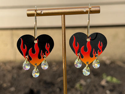 Hot Gradient Flame Gemstone Dangly Heart Acrylic Earrings