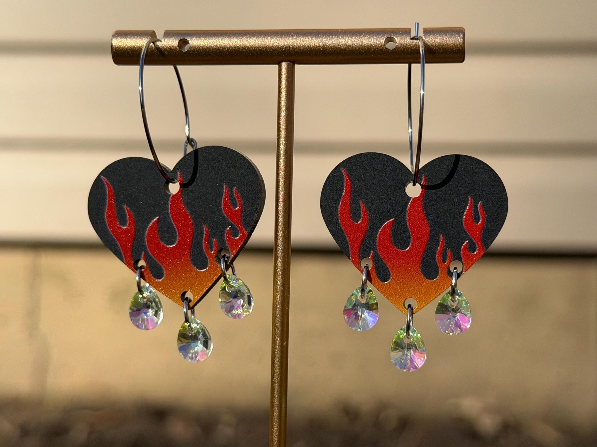 Hot Gradient Flame Gemstone Dangly Heart Acrylic Earrings
