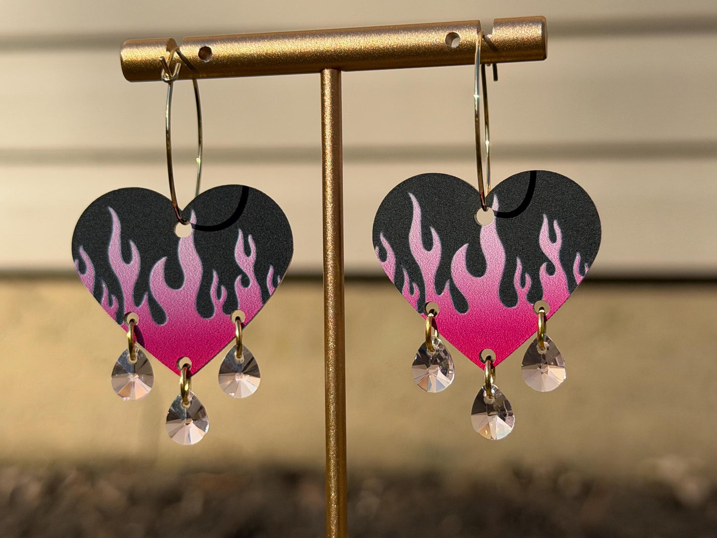 Hot Pink Gradient Flame Gemstone Dangly Heart Acrylic Earrings