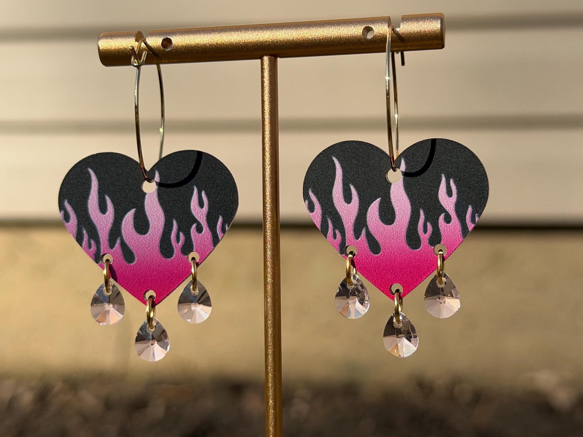 Hot Pink Gradient Flame Gemstone Dangly Heart Acrylic Earrings