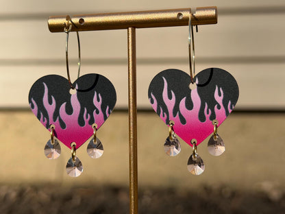 Hot Pink Gradient Flame Gemstone Dangly Heart Acrylic Earrings