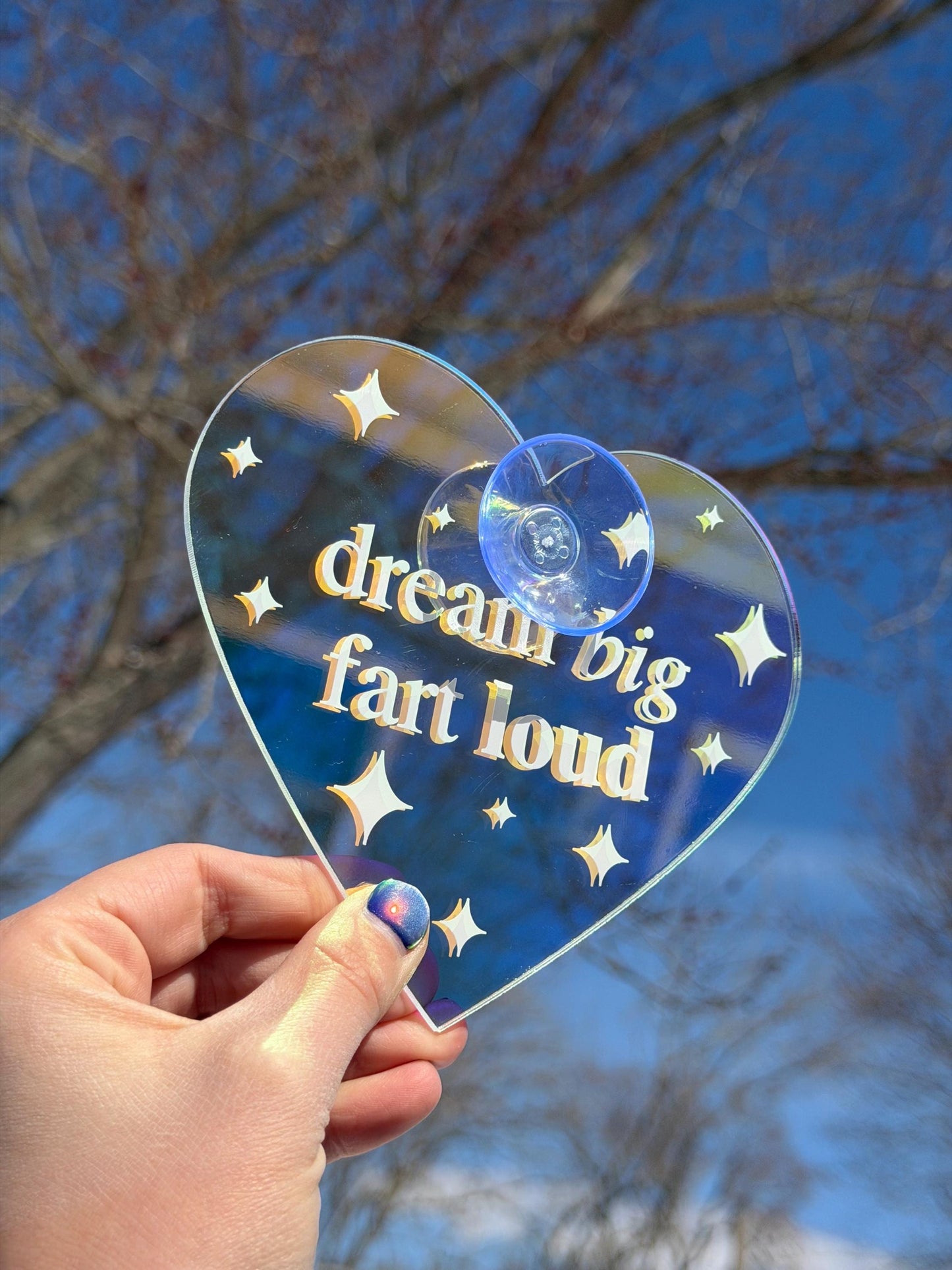 Dream Big Fart Loud Iridescent Heart Car Sign UV Printed