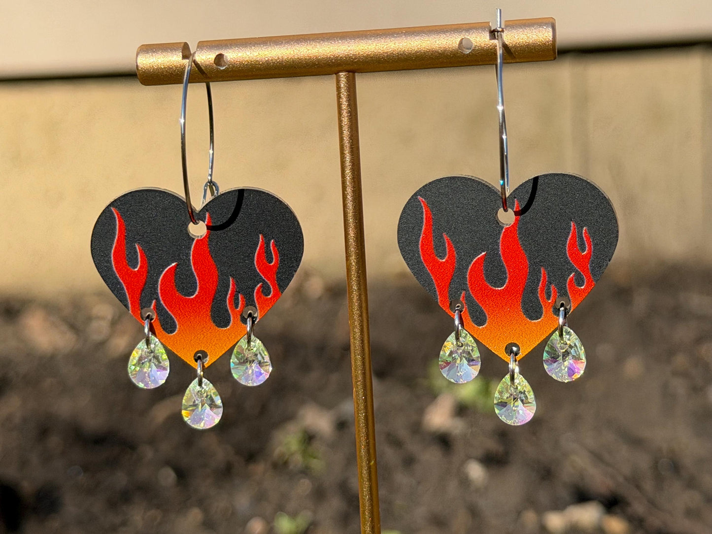 Hot Gradient Flame Gemstone Dangly Heart Acrylic Earrings