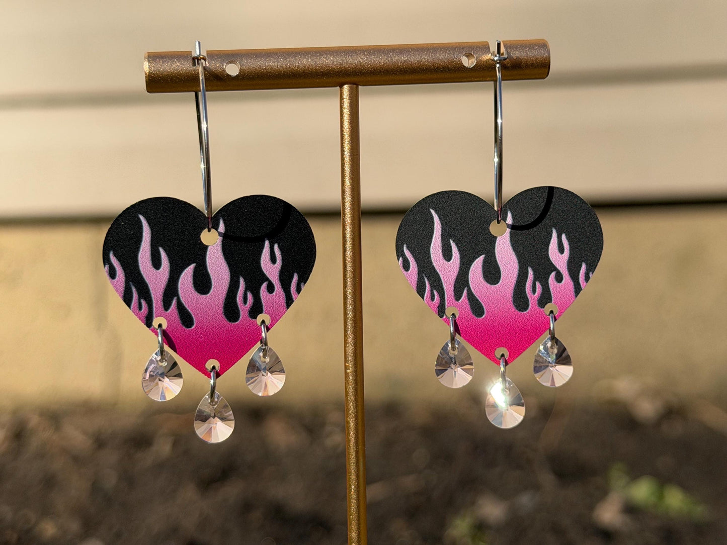 Hot Pink Gradient Flame Gemstone Dangly Heart Acrylic Earrings