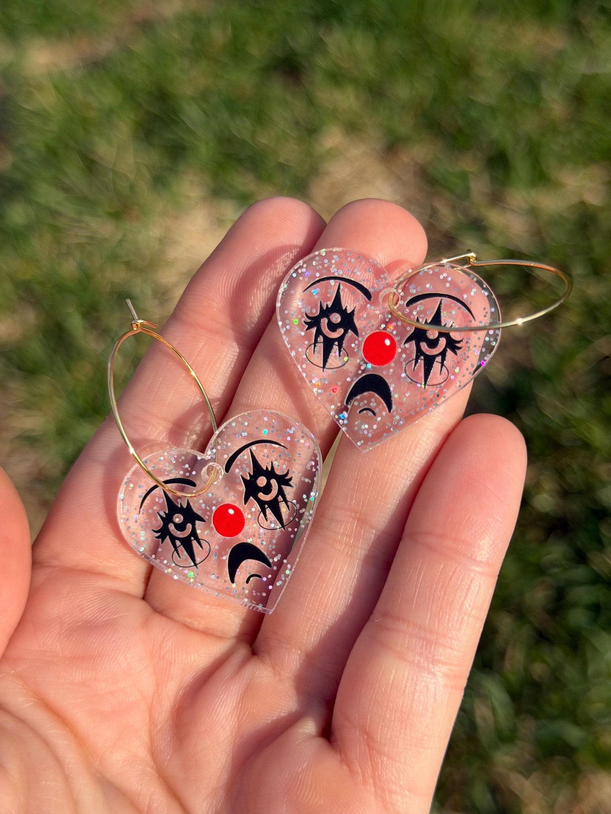 Sparkly Acrylic Clown Face Heart Hoop Earrings