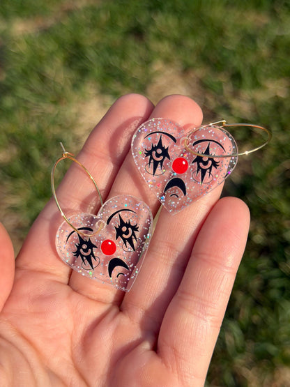 Sparkly Acrylic Clown Face Heart Hoop Earrings