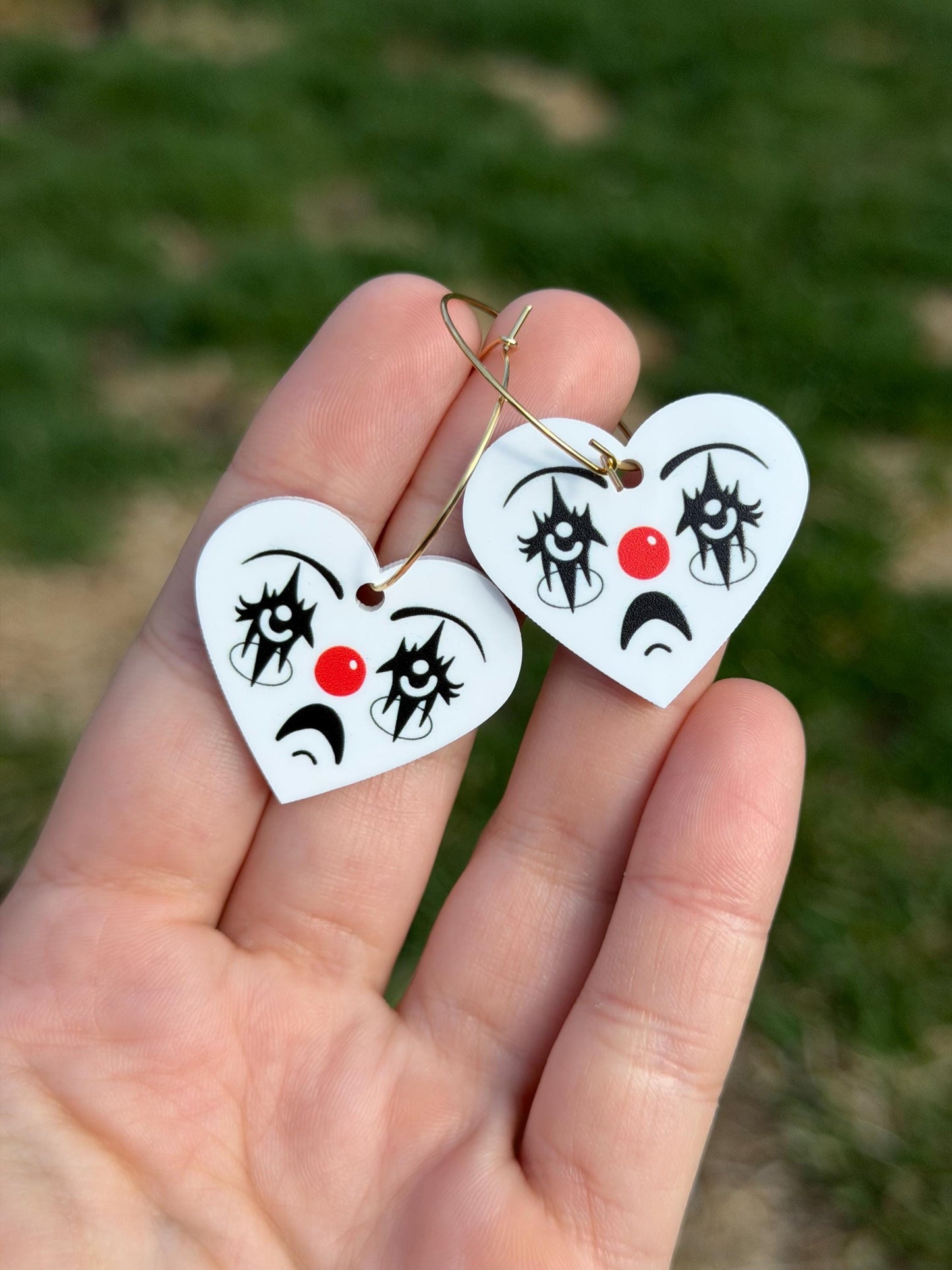 White Acrylic Clown Face Heart Hoop Earrings