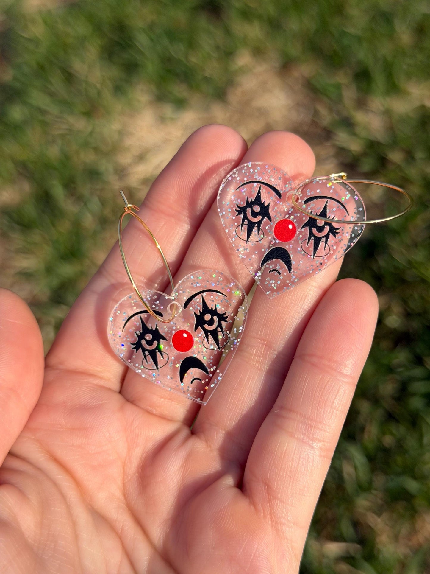 Sparkly Acrylic Clown Face Heart Hoop Earrings