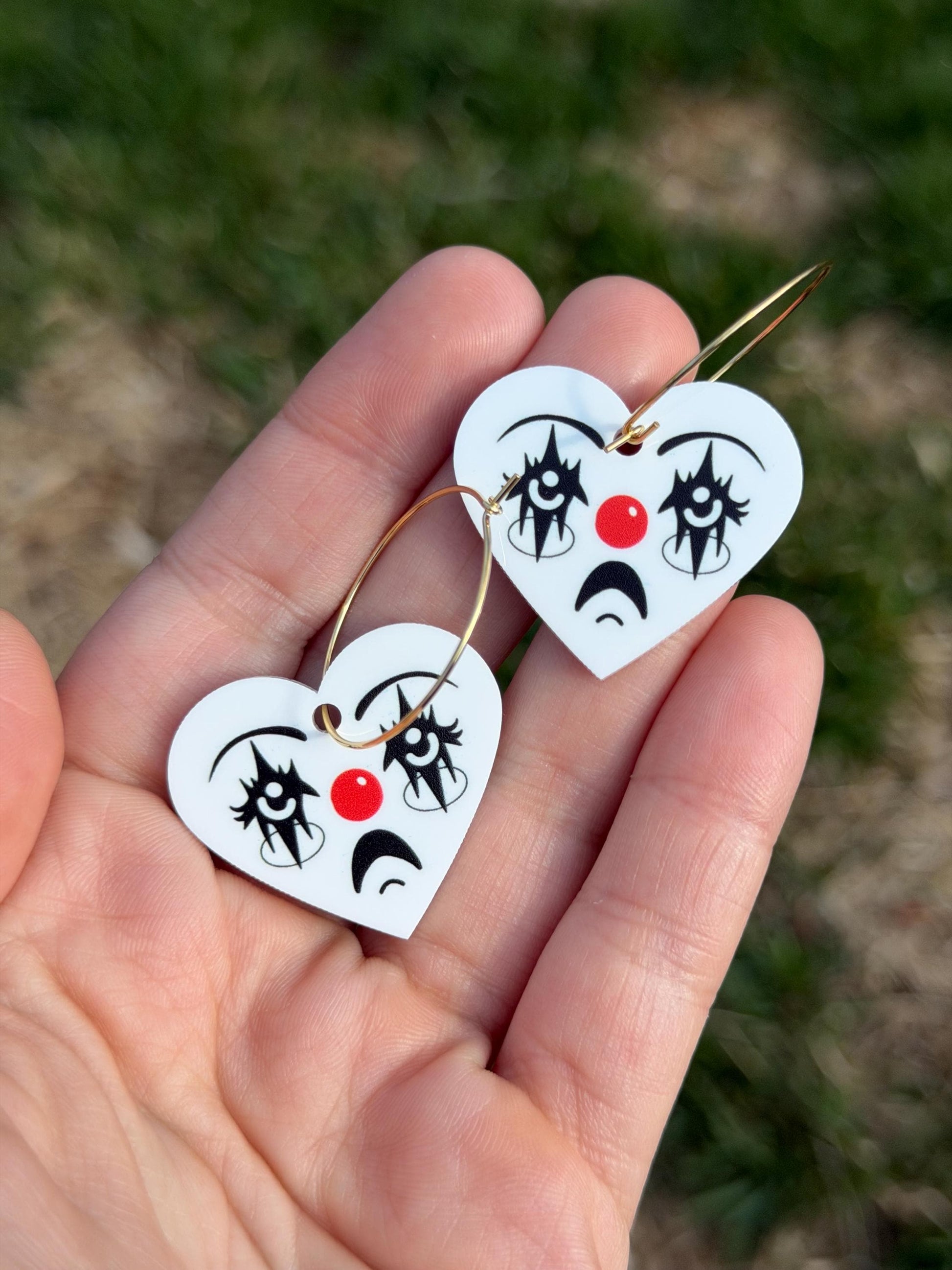 White Acrylic Clown Face Heart Hoop Earrings
