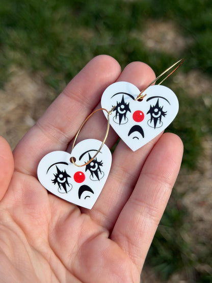 White Acrylic Clown Face Heart Hoop Earrings