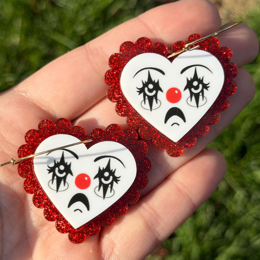 Scalloped Acrylic Clown Face Heart Hoop Earrings: Red