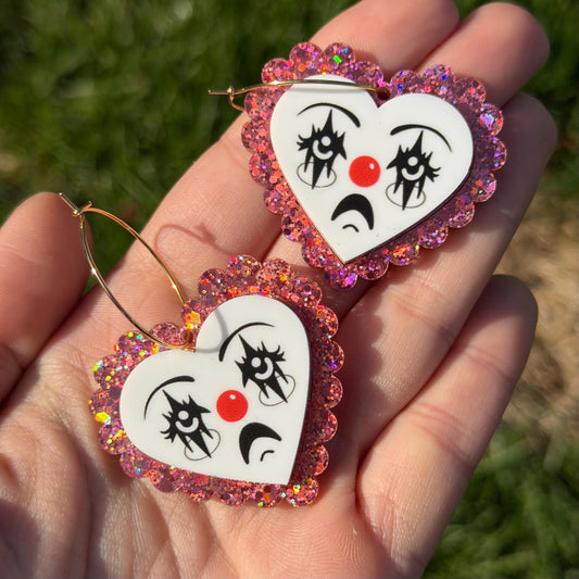 Scalloped Acrylic Clown Face Heart Hoop Earrings: Pink