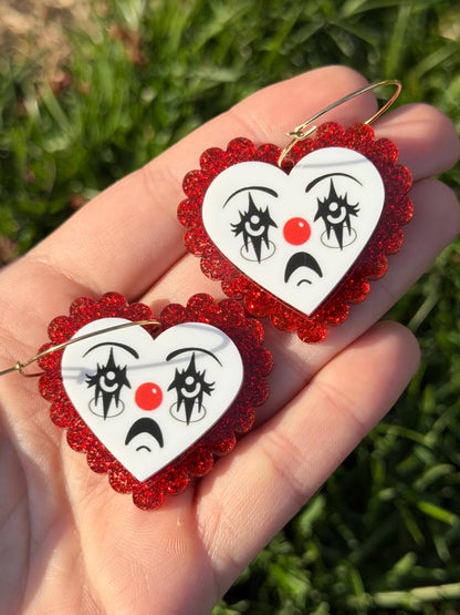 Scalloped Acrylic Clown Face Heart Hoop Earrings: Red