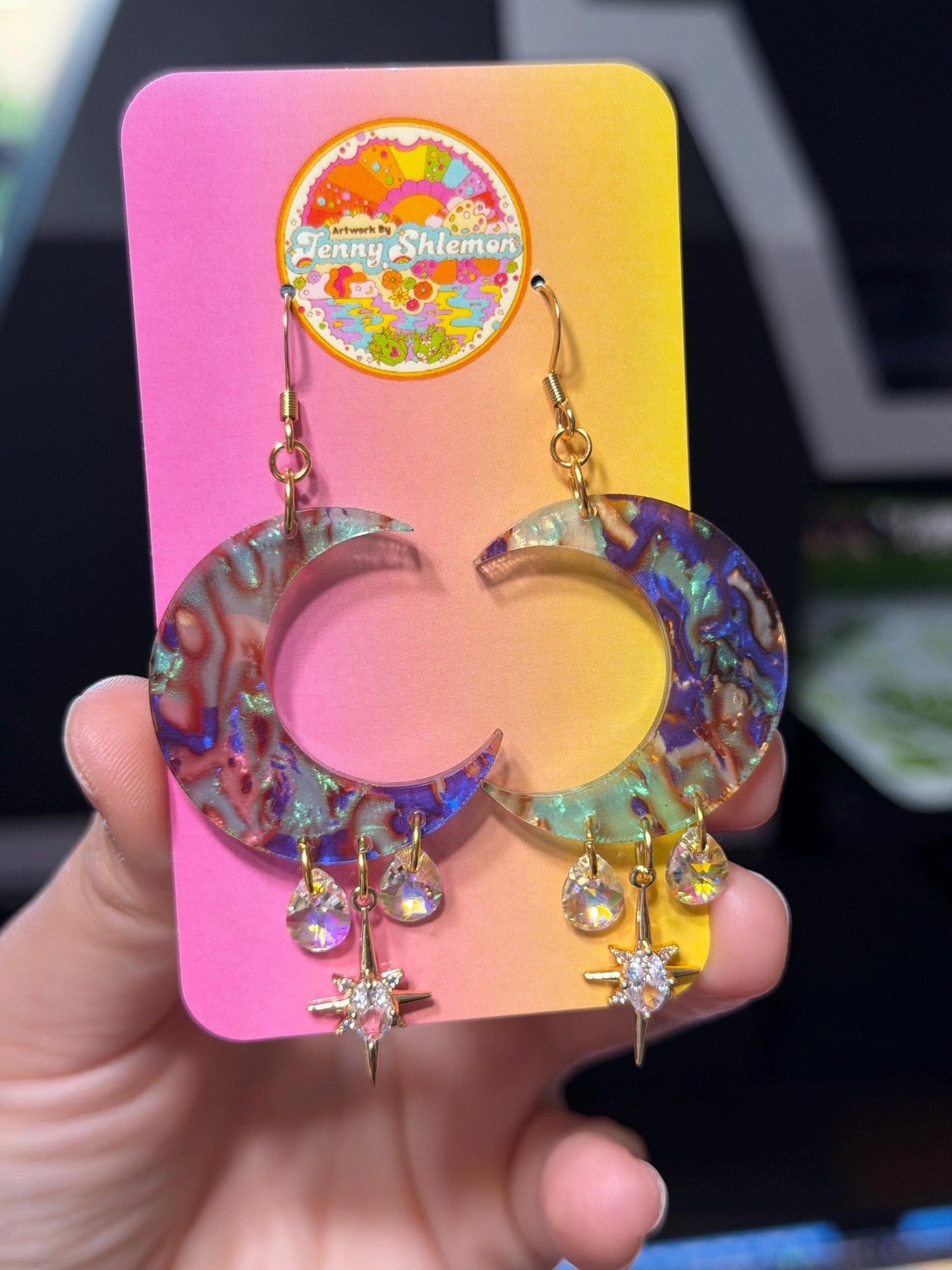 Celestial Gemstone Dangly Moon Acrylic Earrings - Abstract