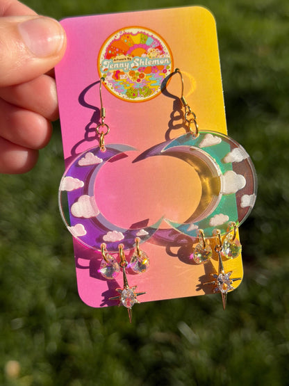 Cloudy Iridescent Celestial Gemstone Dangly Moon Acrylic Earrings