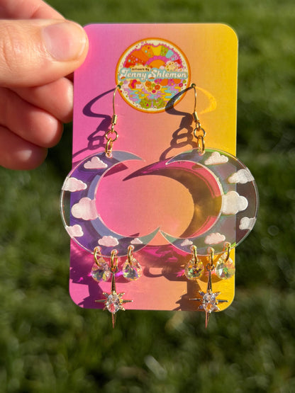 Cloudy Iridescent Celestial Gemstone Dangly Moon Acrylic Earrings