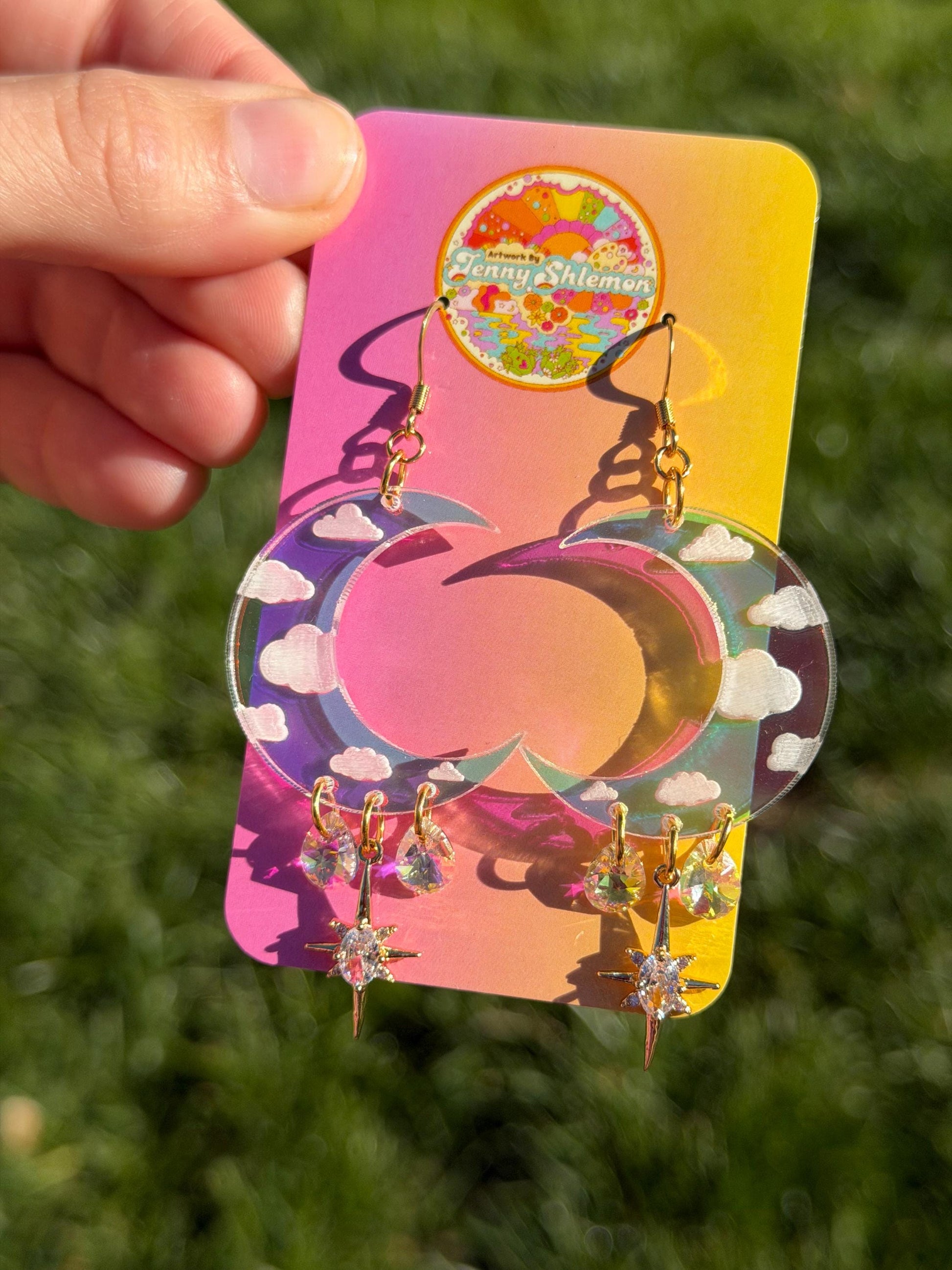 Cloudy Iridescent Celestial Gemstone Dangly Moon Acrylic Earrings