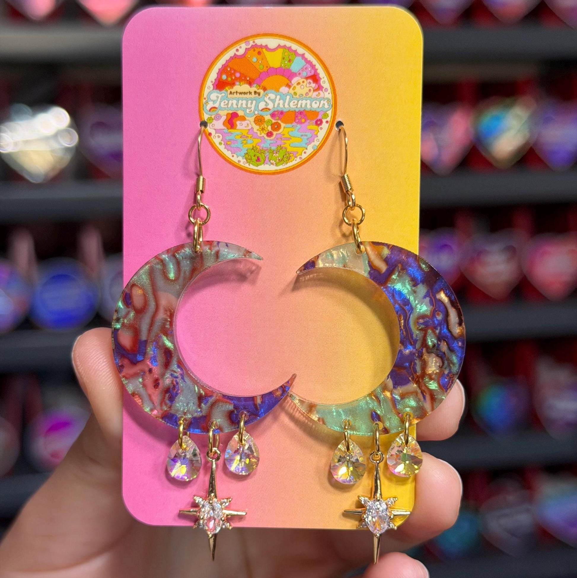 Celestial Gemstone Dangly Moon Acrylic Earrings - Abstract