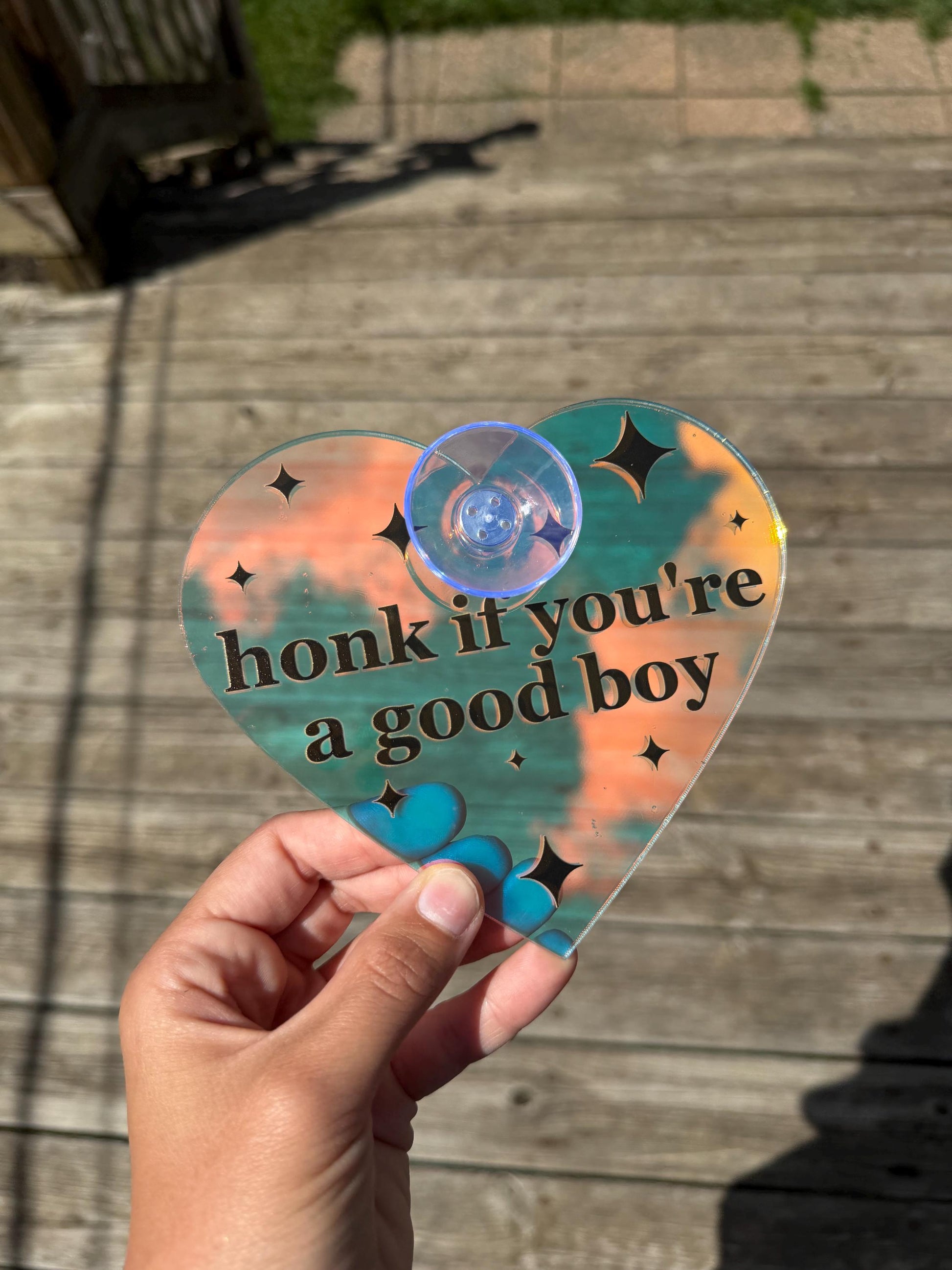 Iridescent Acrylic Car Sign: Honk If You're A Good Boy – Heart Shape