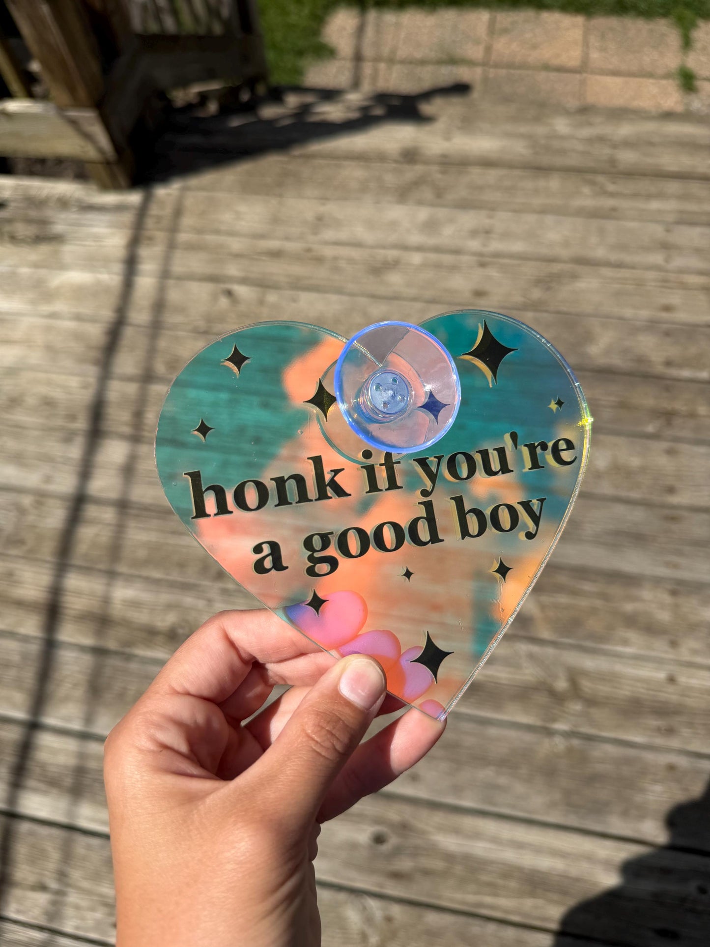 Iridescent Acrylic Car Sign: Honk If You're A Good Boy – Heart Shape