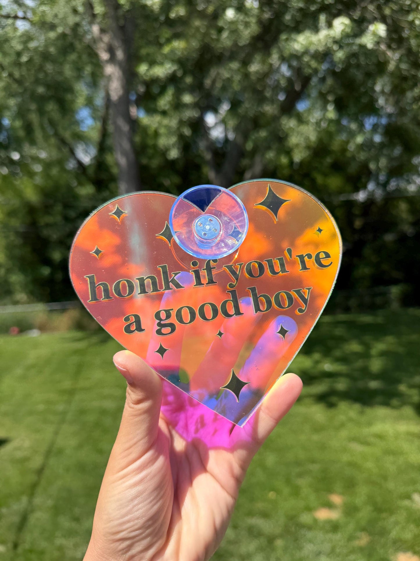 Iridescent Acrylic Car Sign: Honk If You're A Good Boy – Heart Shape