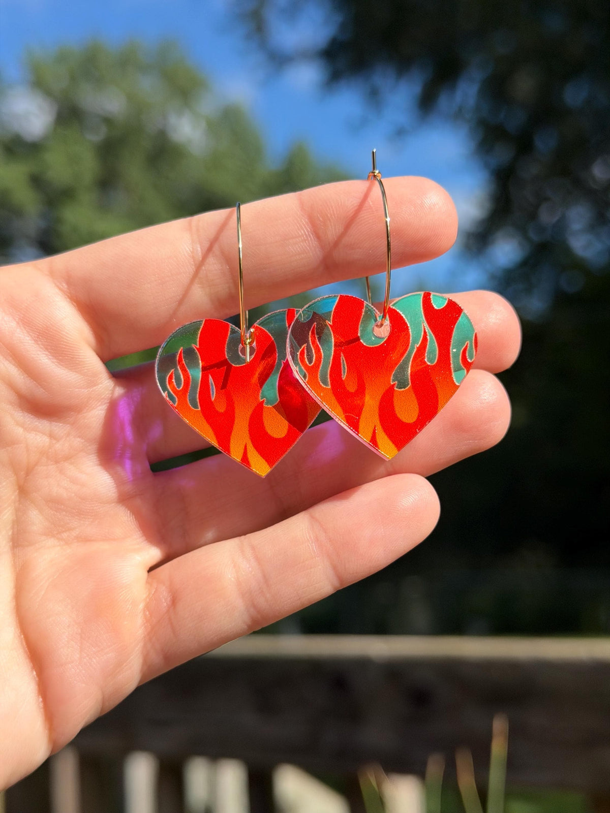 Hot Gradient Flame Iridescent Heart Hoop Earrings
