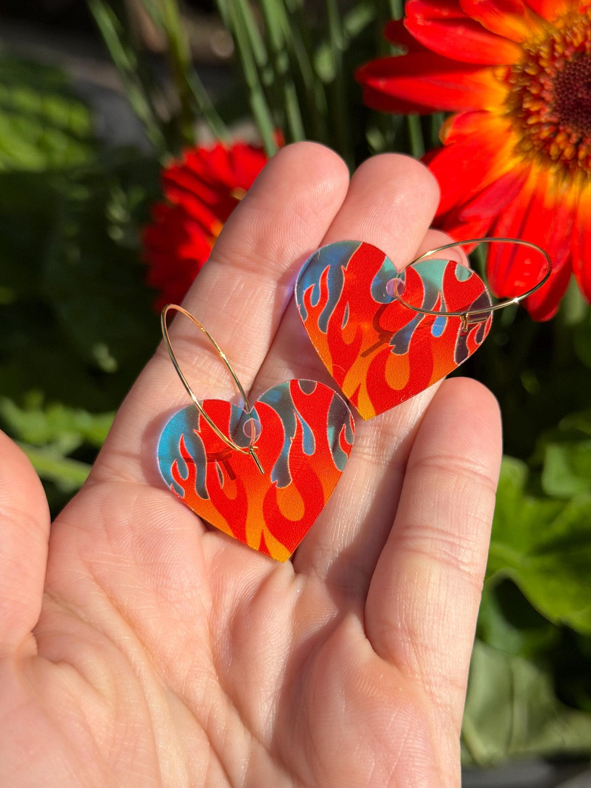 Hot Gradient Flame Iridescent Heart Hoop Earrings