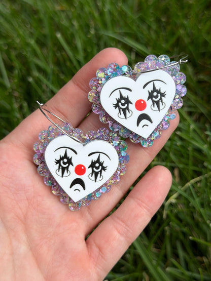 Scalloped Acrylic Clown Face Heart Hoop Earrings: Pastel Glitter