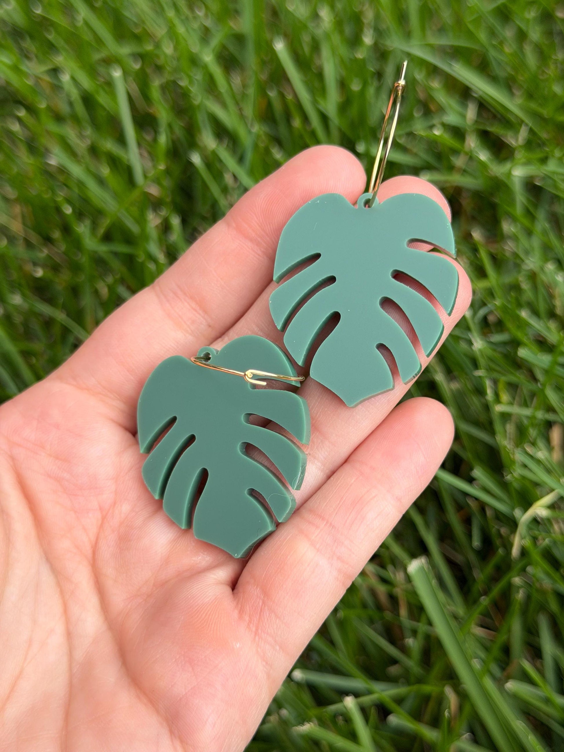 Matte Sage Acrylic Monstera Leaf Hoop Earrings