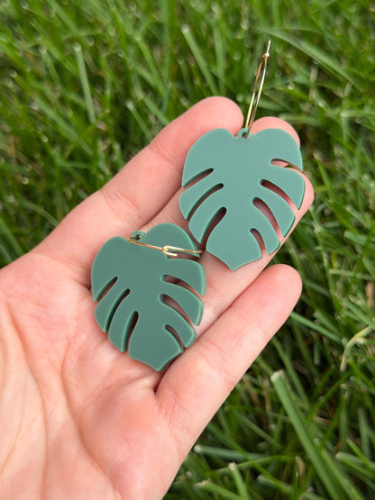 Matte Sage Acrylic Monstera Leaf Hoop Earrings