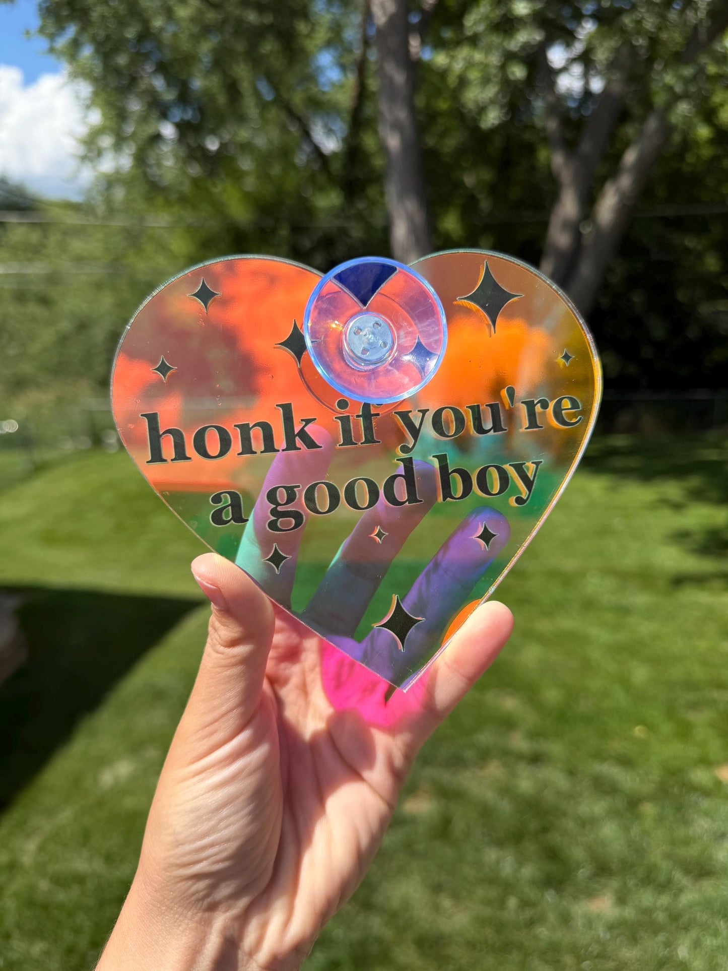 Iridescent Acrylic Car Sign: Honk If You're A Good Boy – Heart Shape