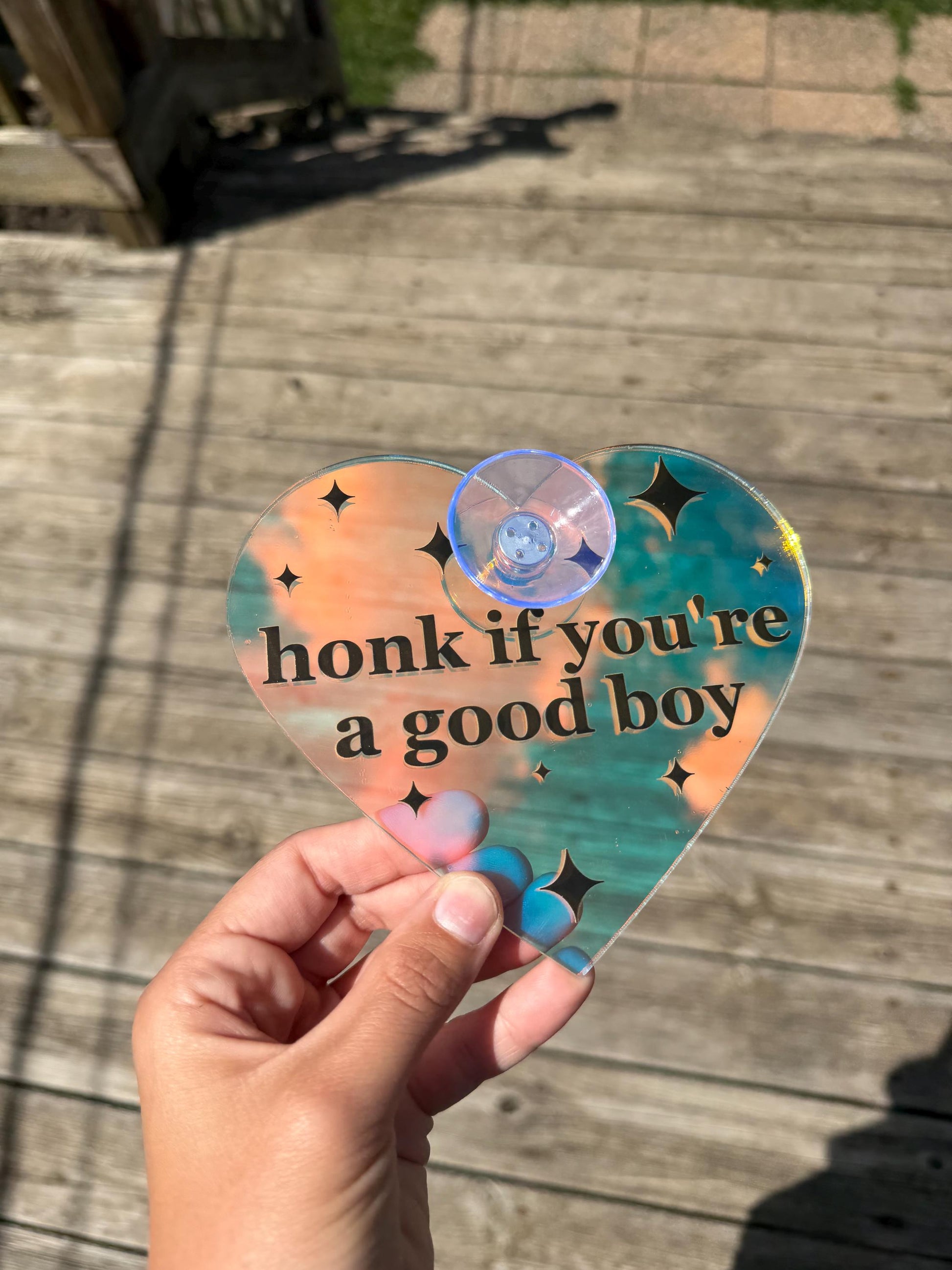 Iridescent Acrylic Car Sign: Honk If You're A Good Boy – Heart Shape
