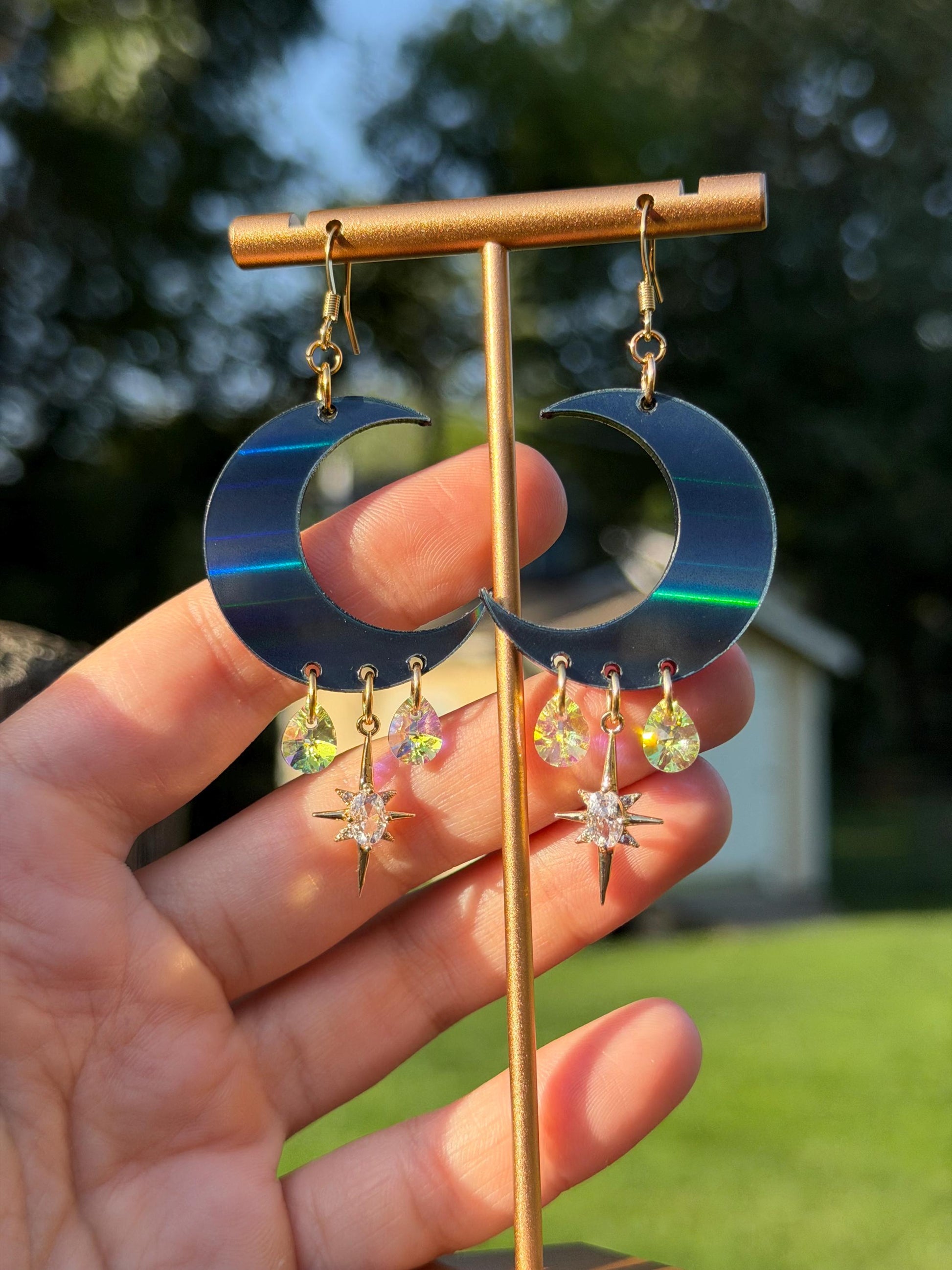 Black Holo Celestial Gemstone Dangly Moon Acrylic Earrings