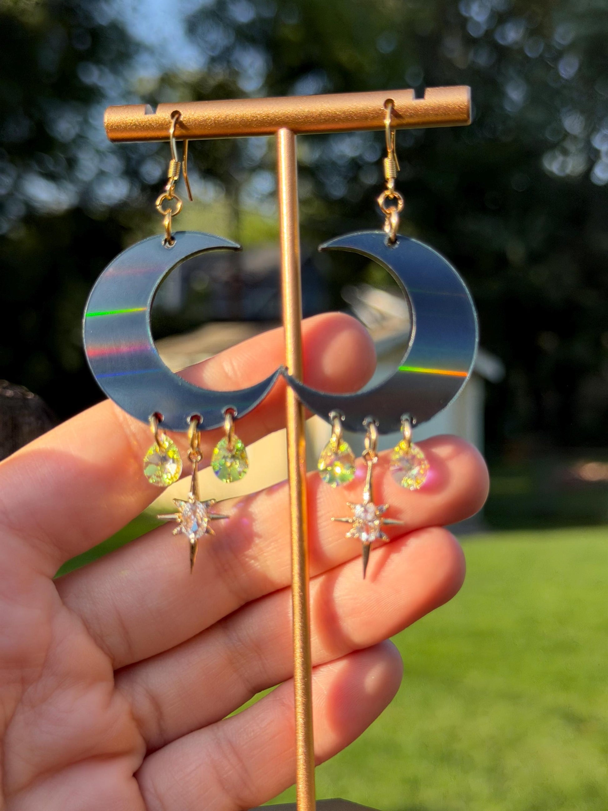 Black Holo Celestial Gemstone Dangly Moon Acrylic Earrings