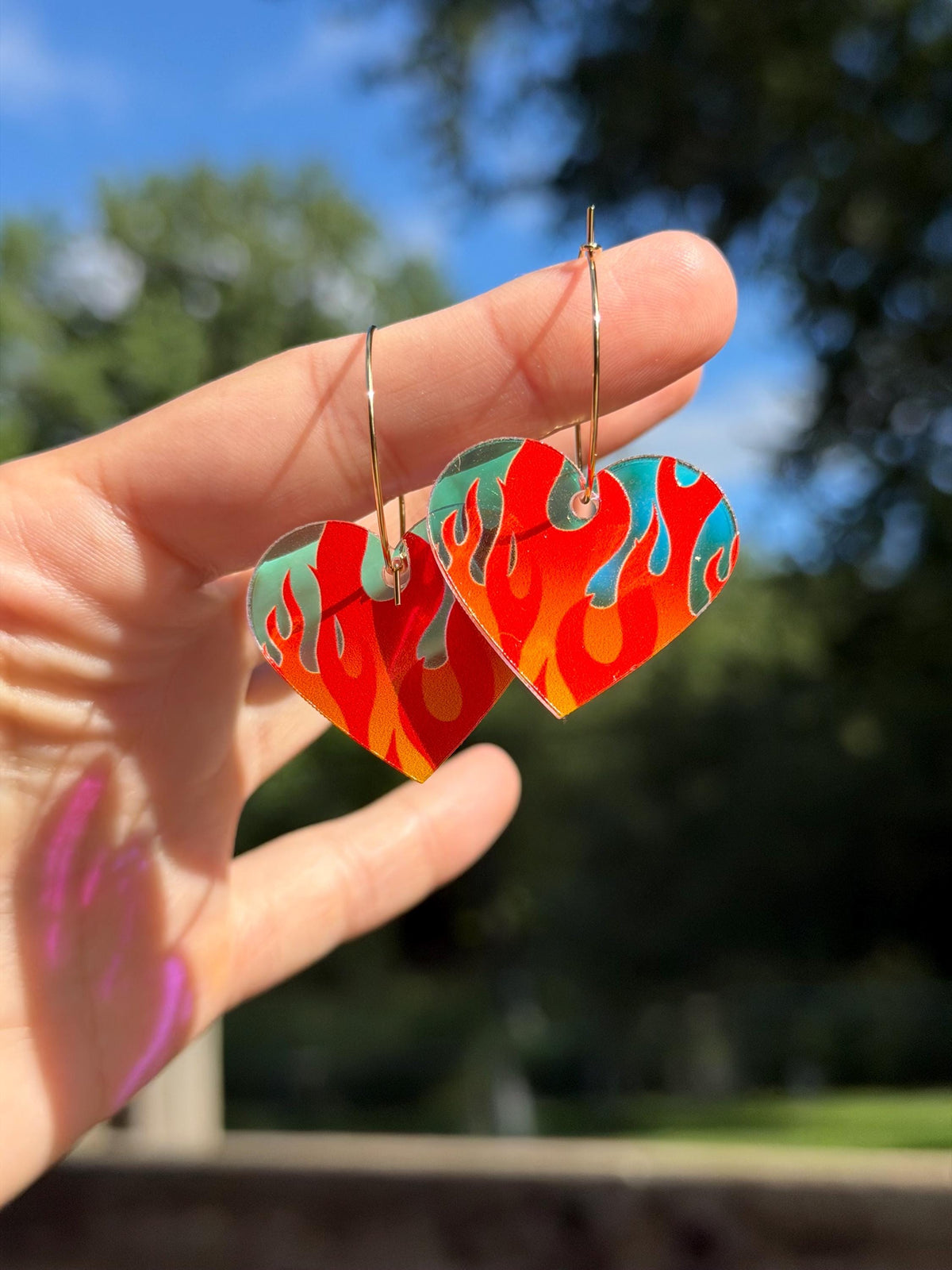 Hot Gradient Flame Iridescent Heart Hoop Earrings
