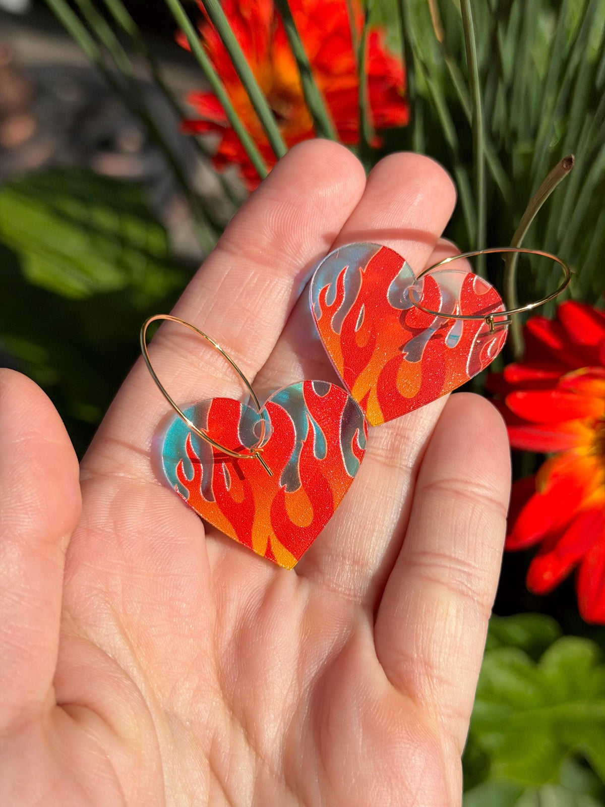 Hot Gradient Flame Iridescent Heart Hoop Earrings