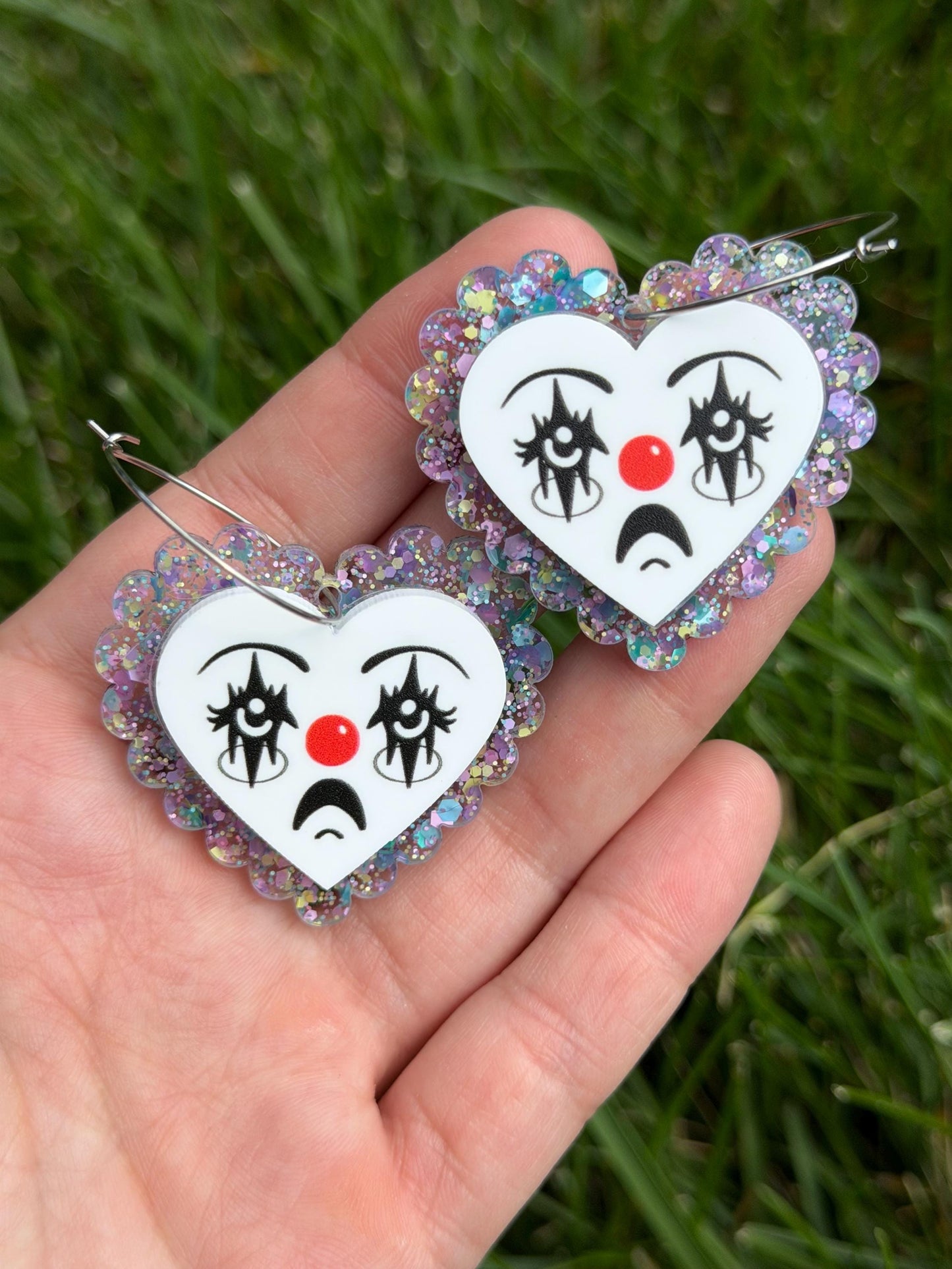 Scalloped Acrylic Clown Face Heart Hoop Earrings: Pastel Glitter