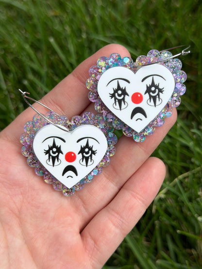 Scalloped Acrylic Clown Face Heart Hoop Earrings: Pastel Glitter