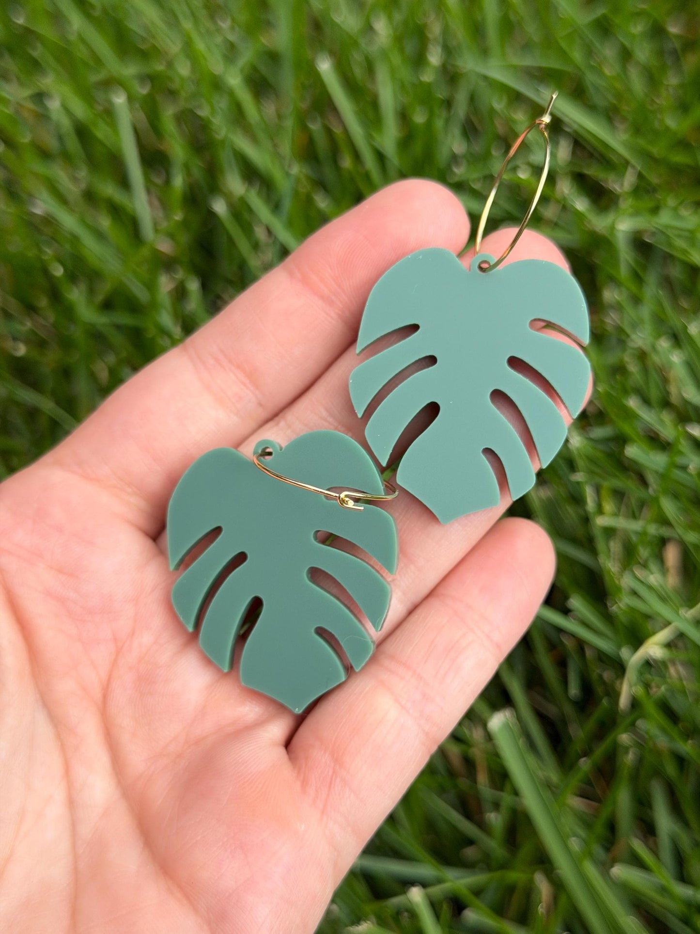 Matte Sage Acrylic Monstera Leaf Hoop Earrings