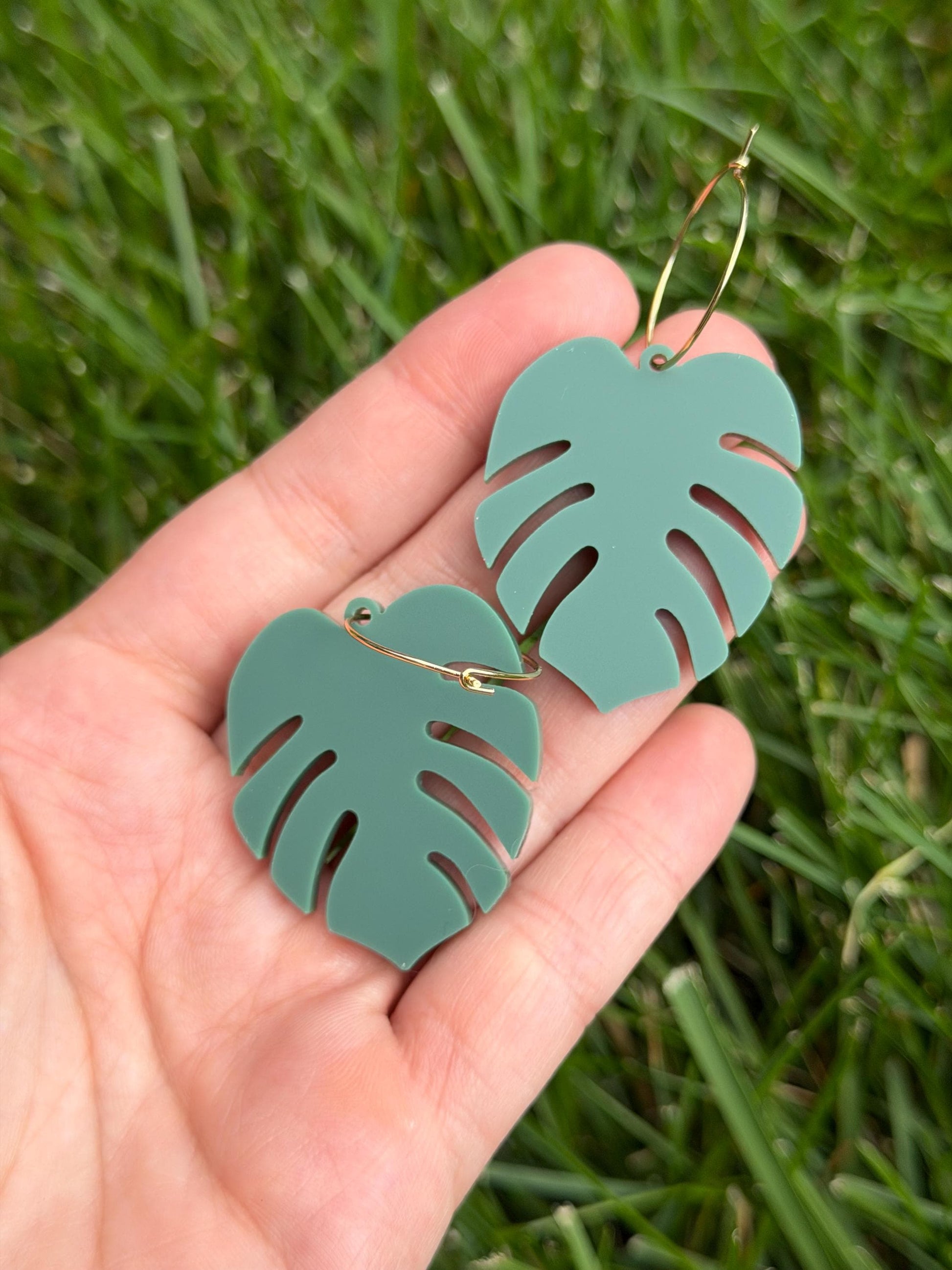 Matte Sage Acrylic Monstera Leaf Hoop Earrings