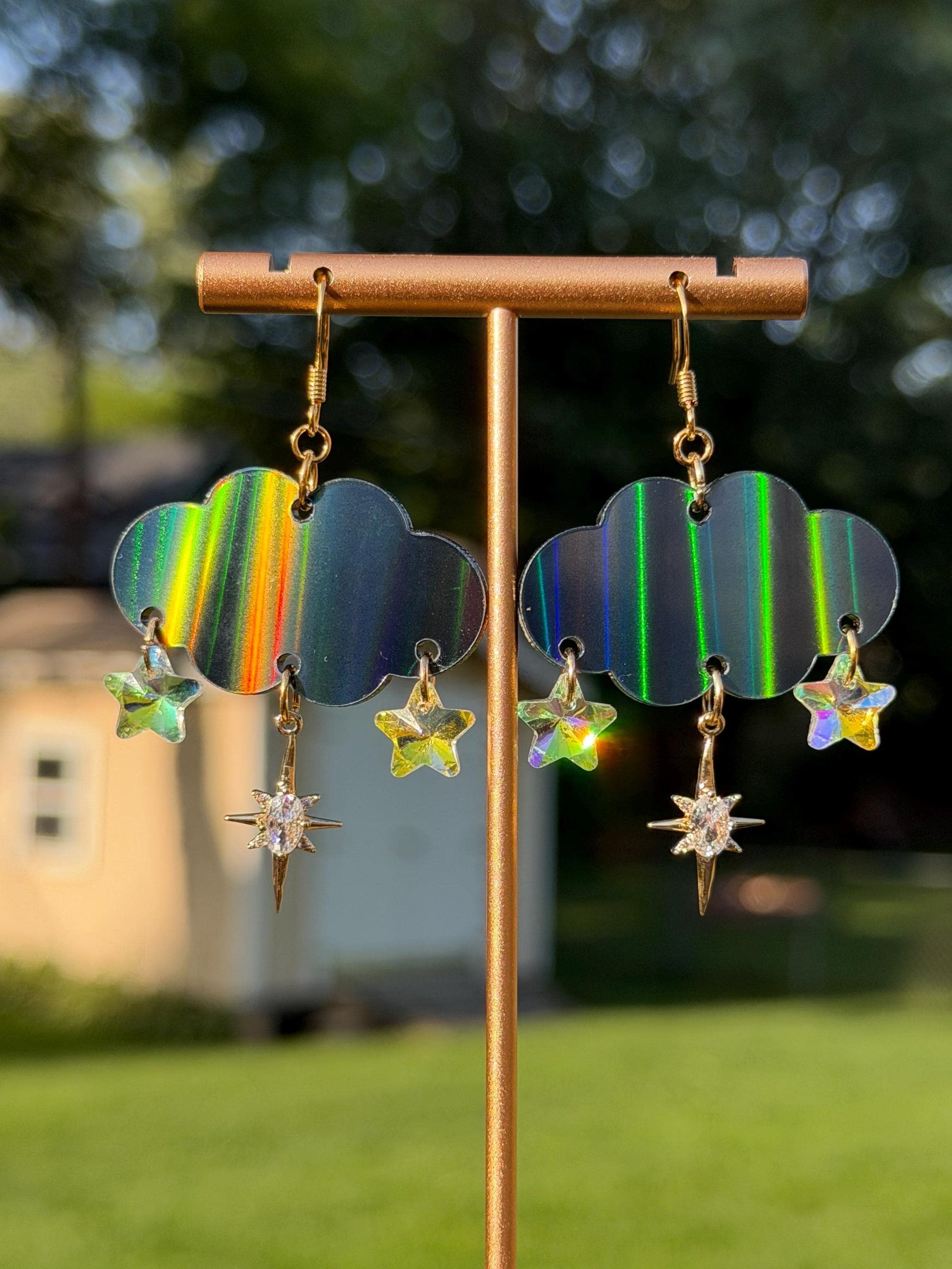 Cloudy Day Acrylic Earrings - Black Holo Stars (MINI SIZE)