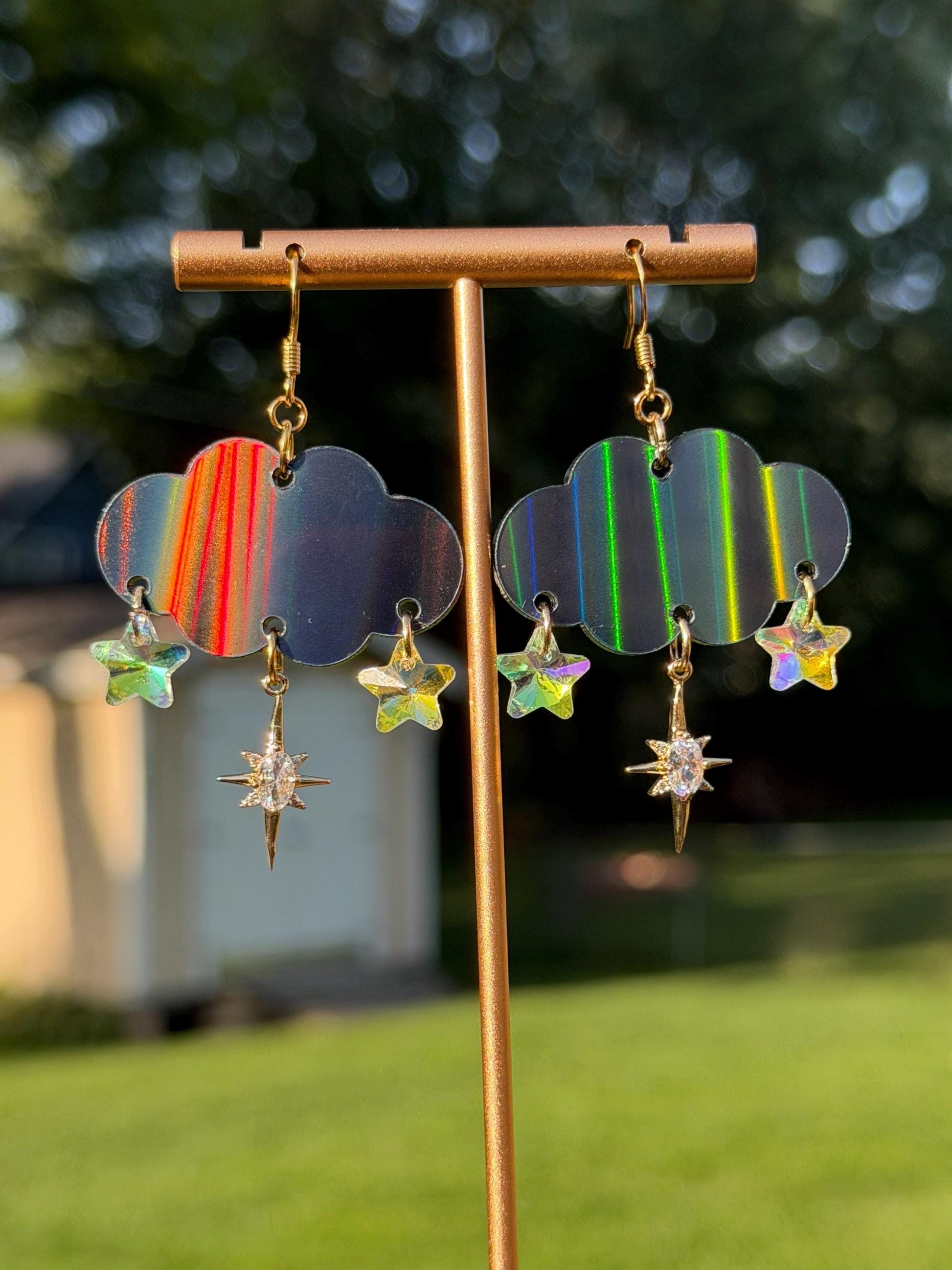 Cloudy Day Acrylic Earrings - Black Holo Stars (MINI SIZE)