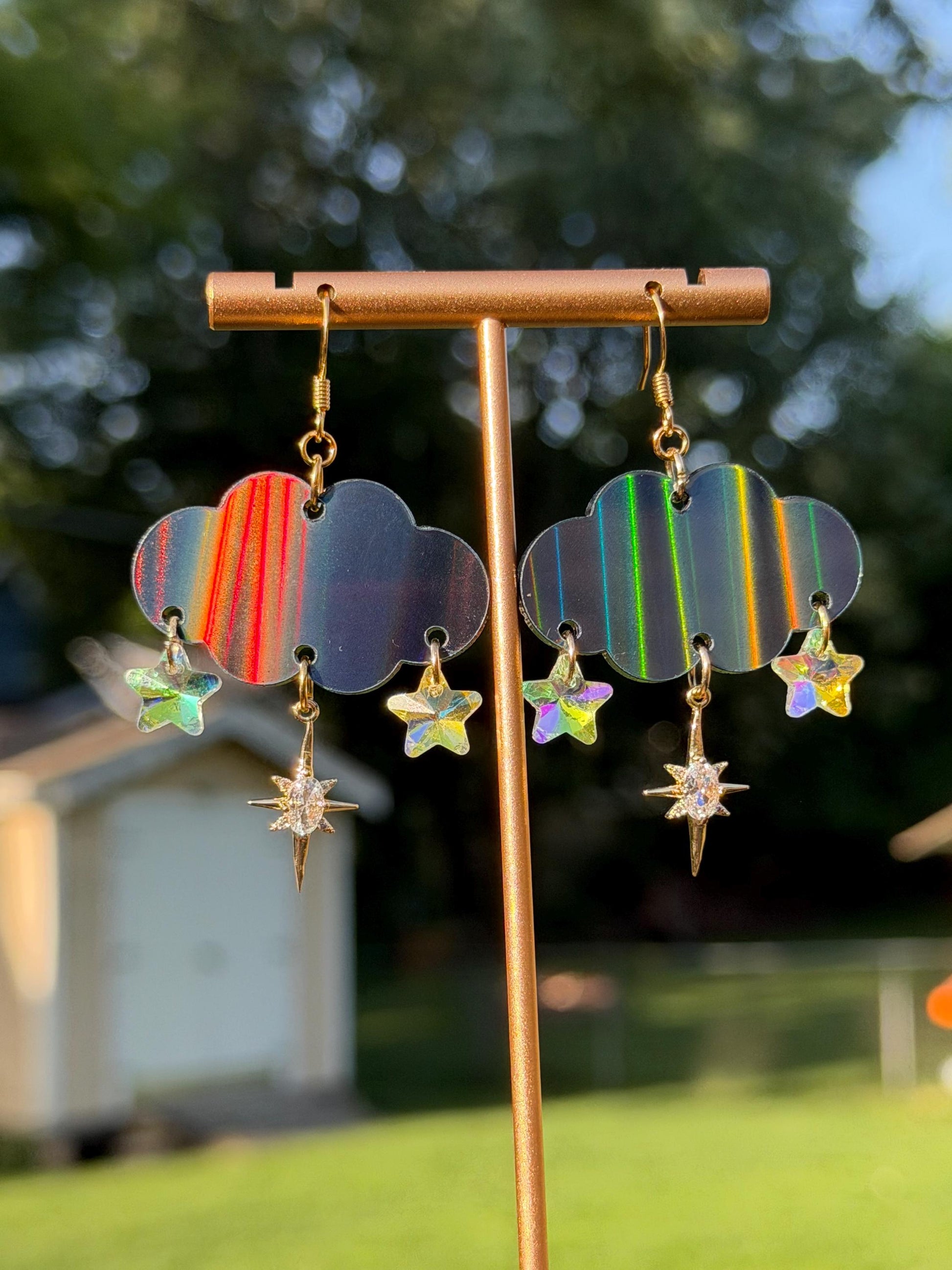 Cloudy Day Acrylic Earrings - Black Holo Stars (MINI SIZE)