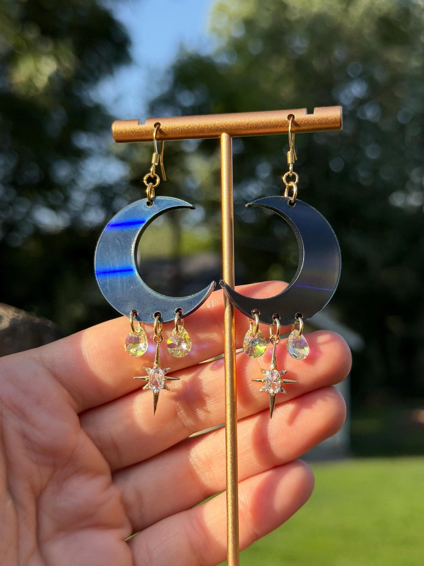 Black Holo Celestial Gemstone Dangly Moon Acrylic Earrings