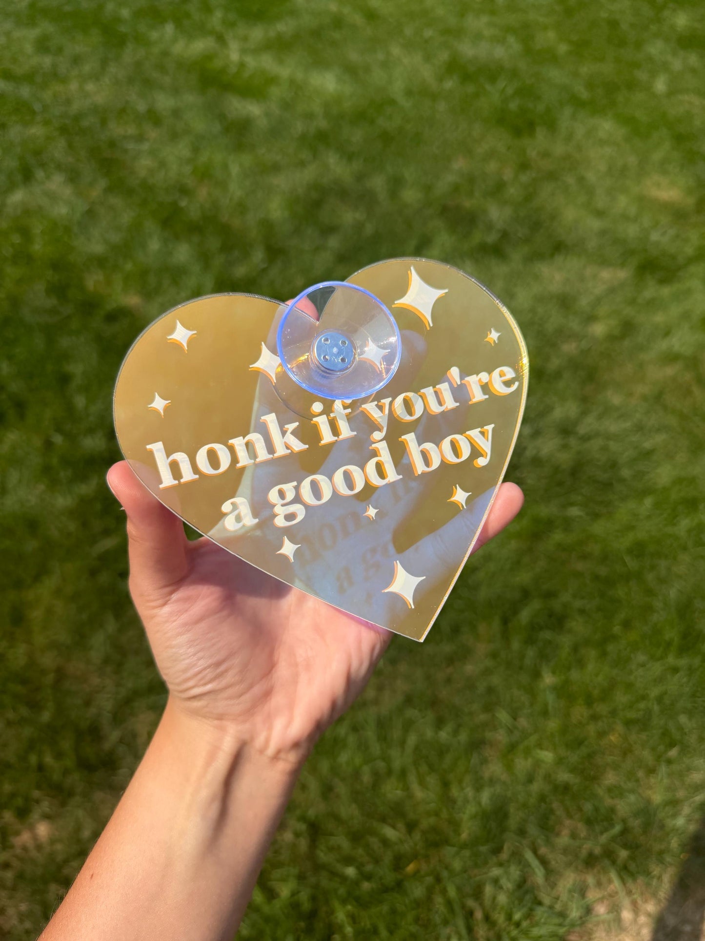 Acrylic Car Sign: Honk If You're A Good Boy – Heart Shape Iridescent/White