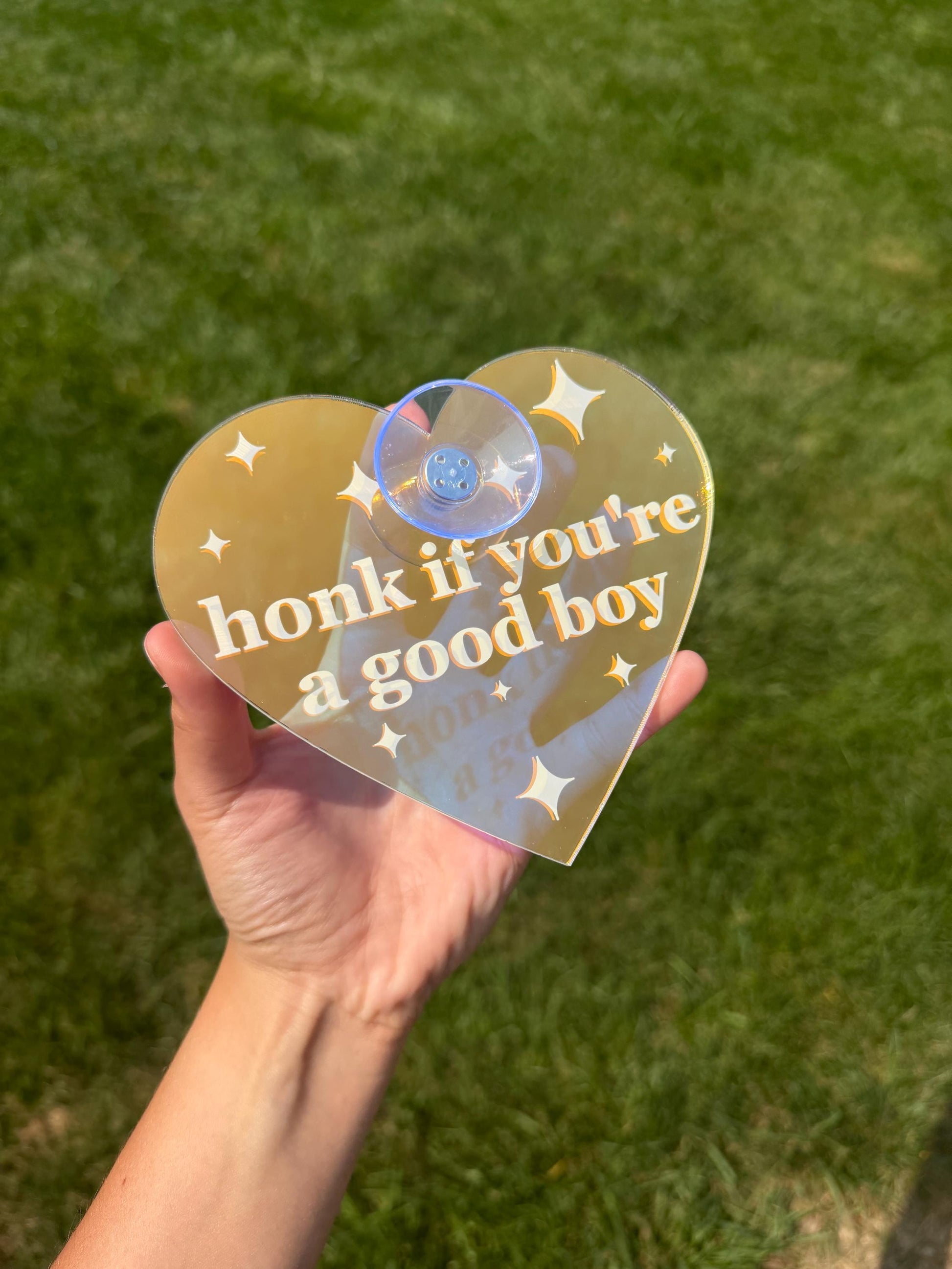 Acrylic Car Sign: Honk If You're A Good Boy – Heart Shape Iridescent/White