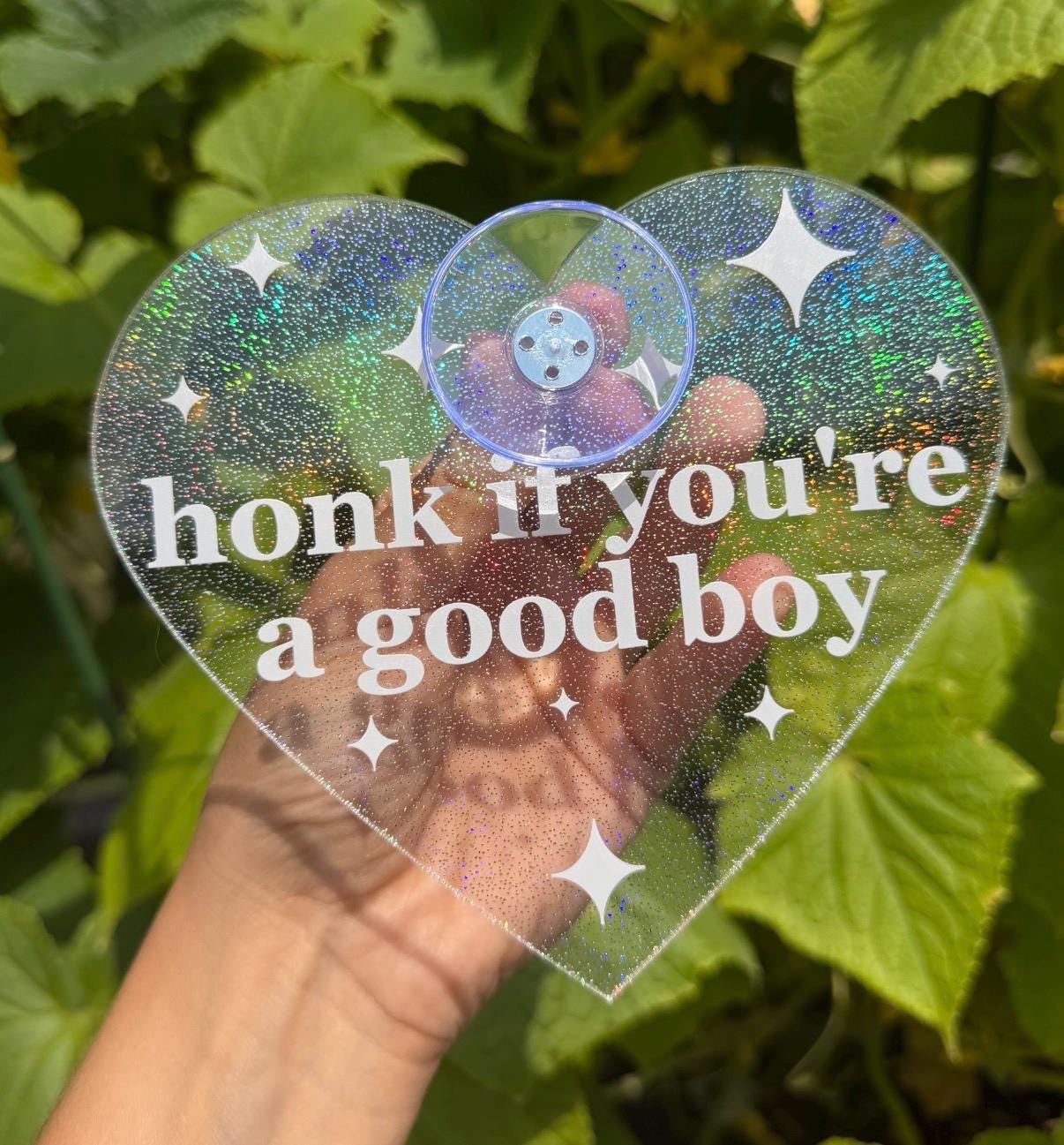 Acrylic Car Sign: Honk If You're A Good Boy – Heart Shape Holo Glitter Clear/White